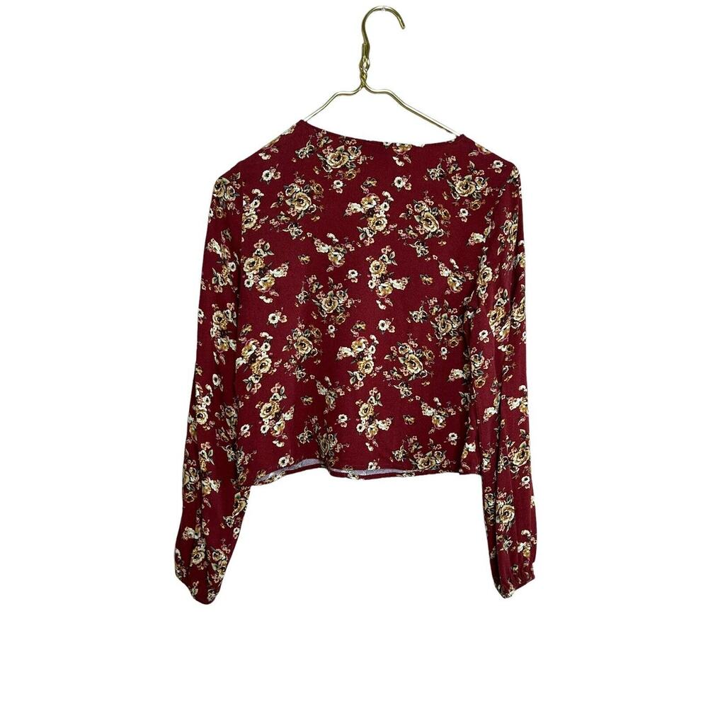 Forever 21 Burgundy Floral Lace-Up Crop Top Blouse Boho - Picture 4 of 7